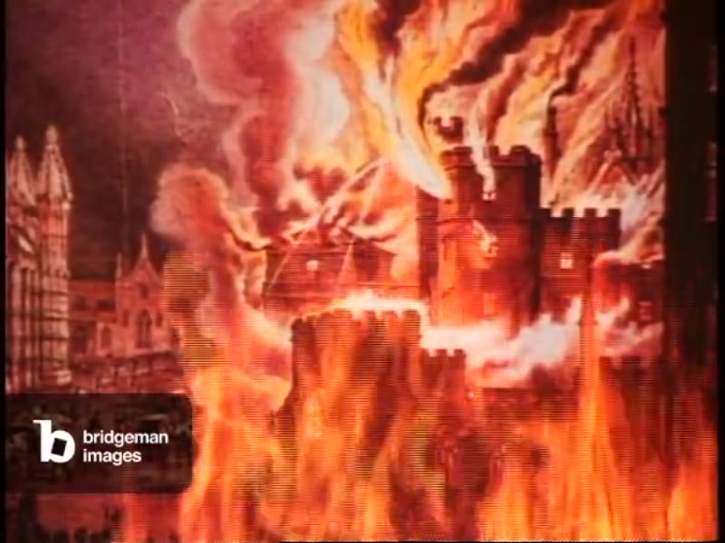 Fire overlaying painting of the Great Fire of London