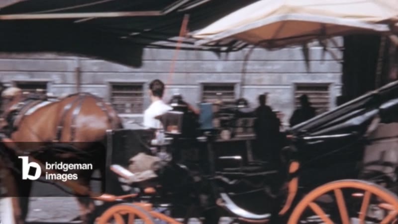 Image of Young Man Walks Beside a Carriage with Horse in Rome
